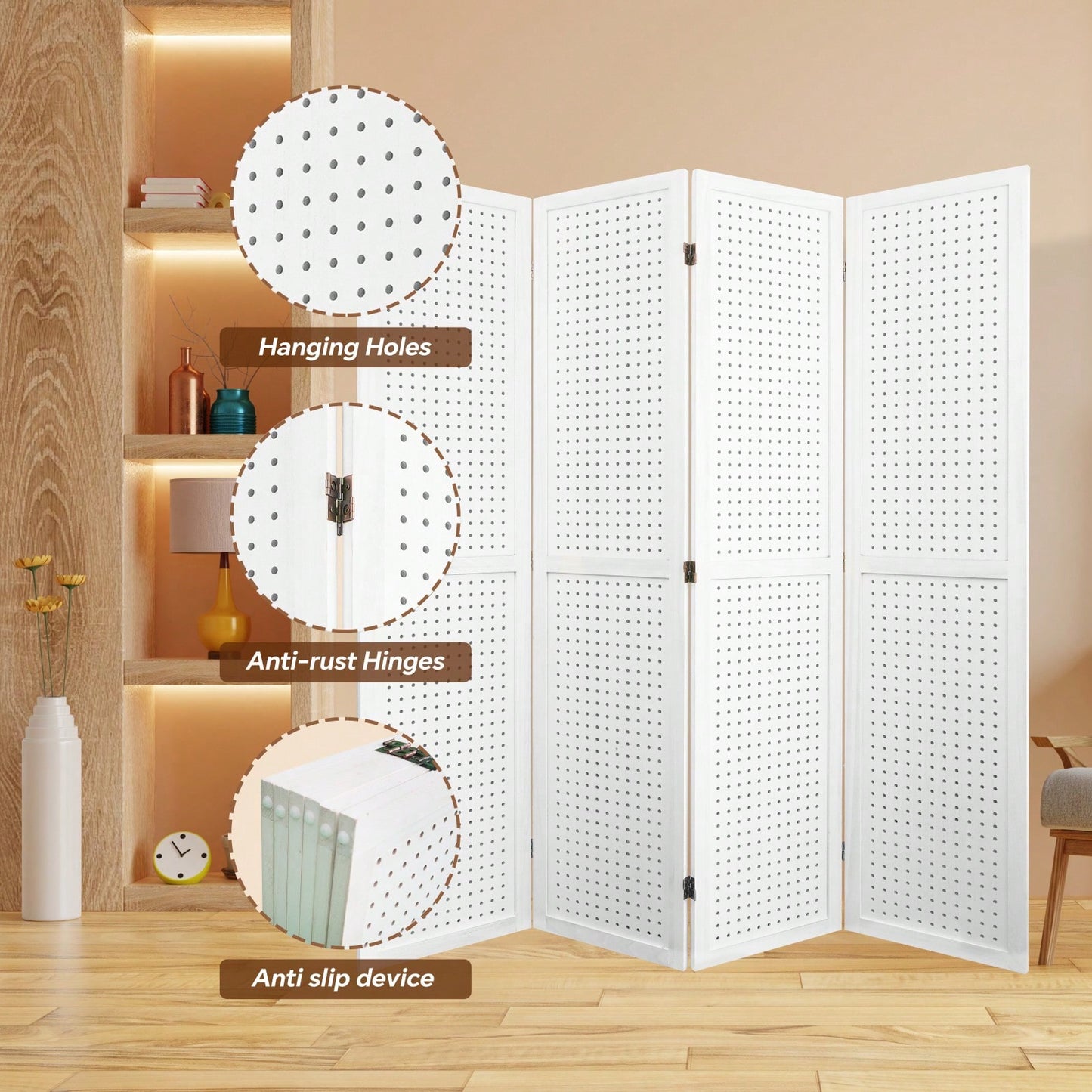 4 Panel Wooden Pegboard Room Divider 5.6ft Folding Privacy Screen Freestanding Display for Trade Shows and Home Organization