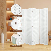 4 Panel Wooden Pegboard Room Divider 5.6ft Folding Privacy Screen Freestanding Display for Trade Shows and Home Organization