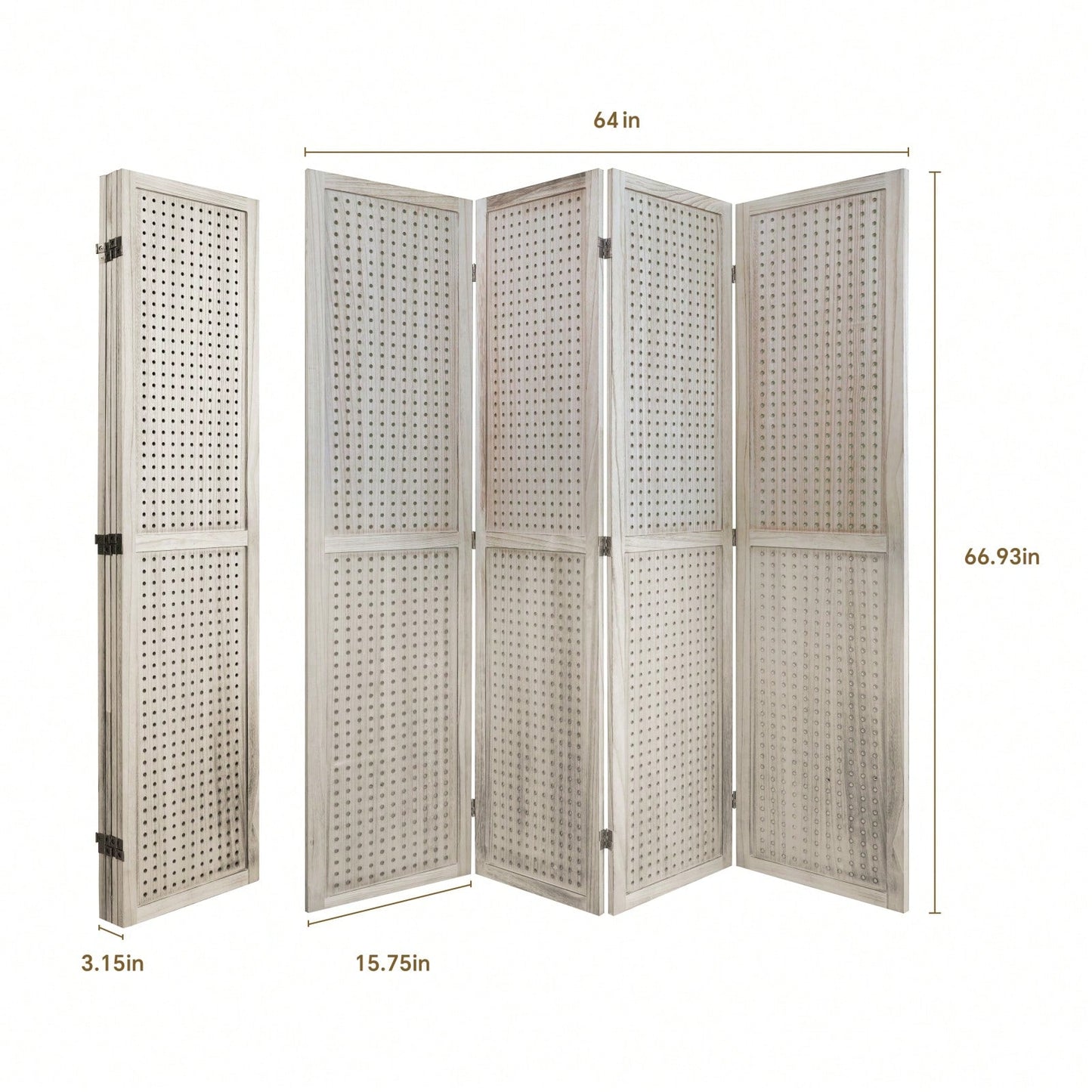 4 Panel Wooden Pegboard Room Divider 5.6ft Folding Privacy Screen Freestanding Display for Trade Shows and Home Organization