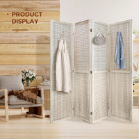 4 Panel Wooden Pegboard Room Divider 5.6ft Folding Privacy Screen Freestanding Display for Trade Shows and Home Organization