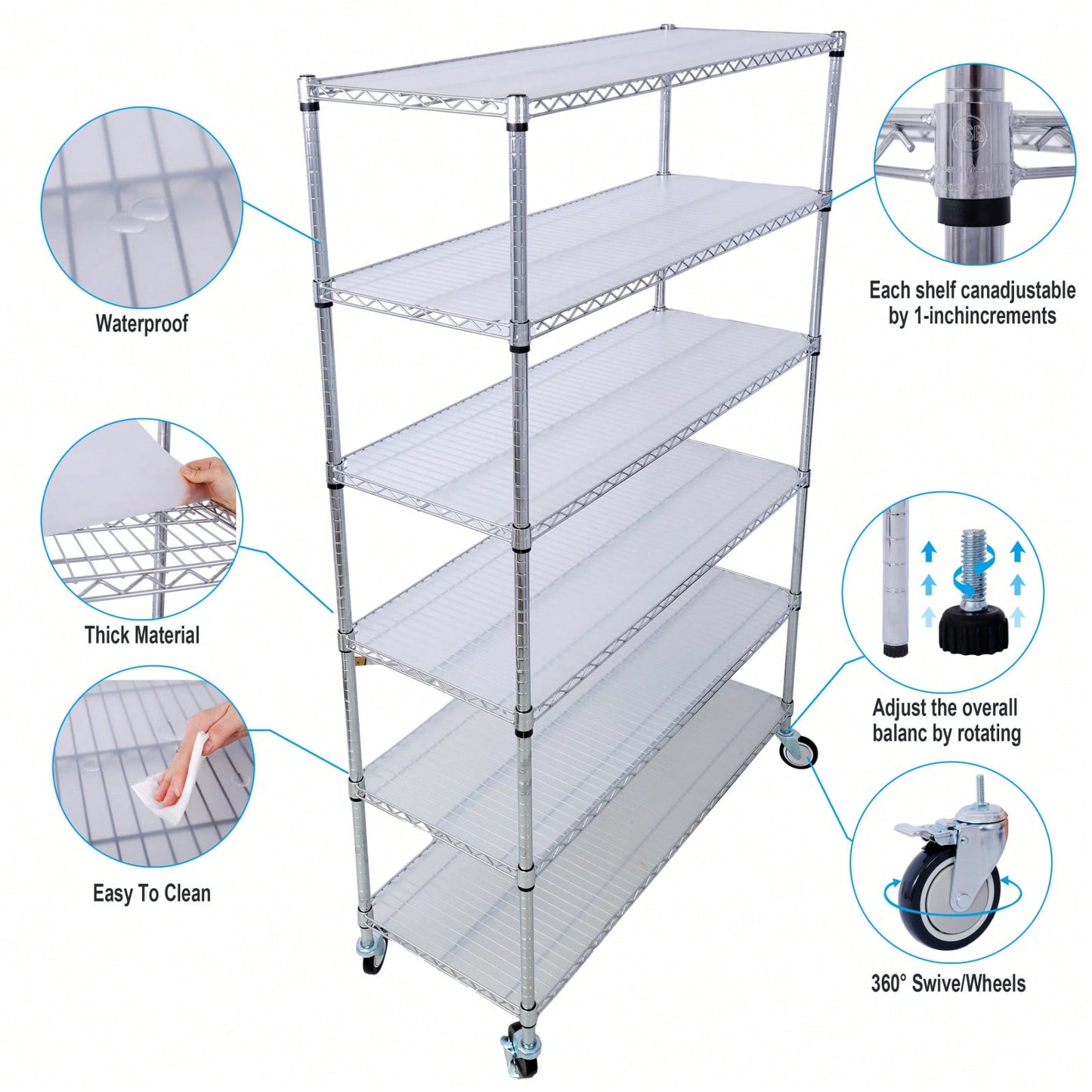 Heavy Duty 6-Tier 6000lbs Capacity NSF Metal Wire Shelving Unit with Wheels and Shelf Liners for Commercial Storage