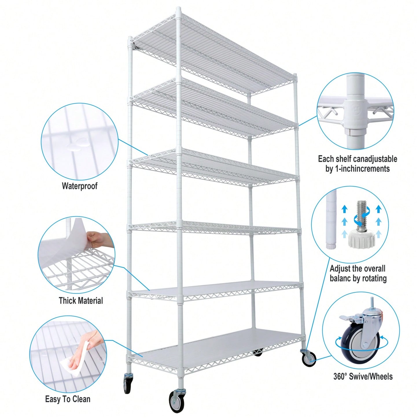 Heavy Duty 6-Tier 6000lbs Capacity NSF Metal Wire Shelving Unit with Wheels and Shelf Liners for Commercial Storage