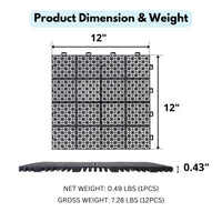 Black Interlocking Deck Tiles 12x12 Inch Waterproof Outdoor Anti-Slip High Weight Capacity Pack of 12 Rosette Pattern