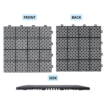 Black Interlocking Deck Tiles 12x12 Inch Waterproof Outdoor Anti-Slip High Weight Capacity Pack of 12 Rosette Pattern