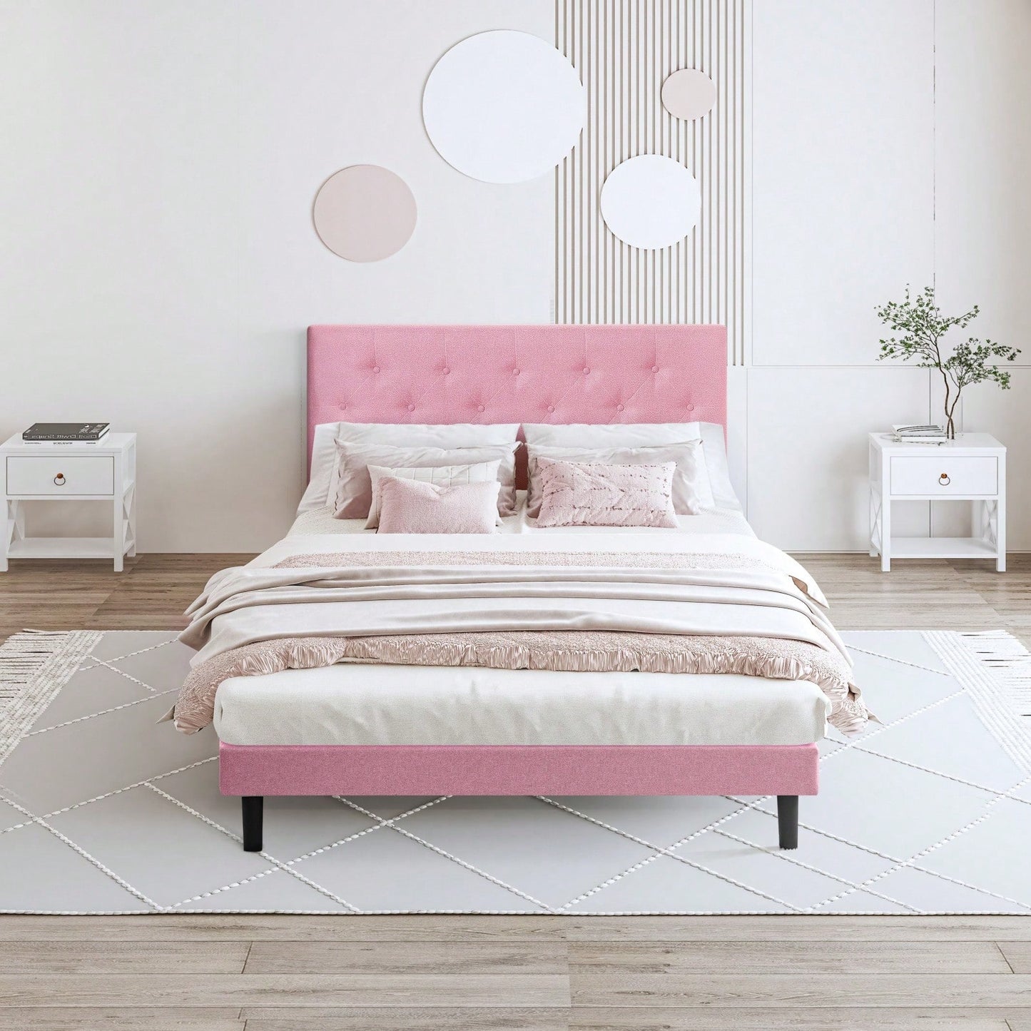 Modern Pink Upholstered Platform Bed Frame with Tufted Linen Headboard No Box Spring Required Easy Assembly