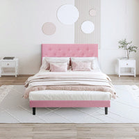 Modern Pink Upholstered Platform Bed Frame with Tufted Linen Headboard No Box Spring Required Easy Assembly