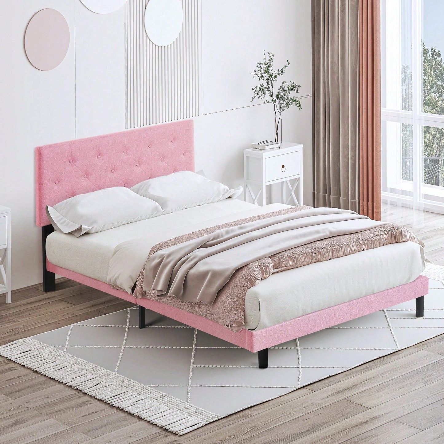 Modern Pink Upholstered Platform Bed Frame with Tufted Linen Headboard No Box Spring Required Easy Assembly