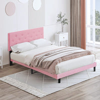 Modern Pink Upholstered Platform Bed Frame with Tufted Linen Headboard No Box Spring Required Easy Assembly