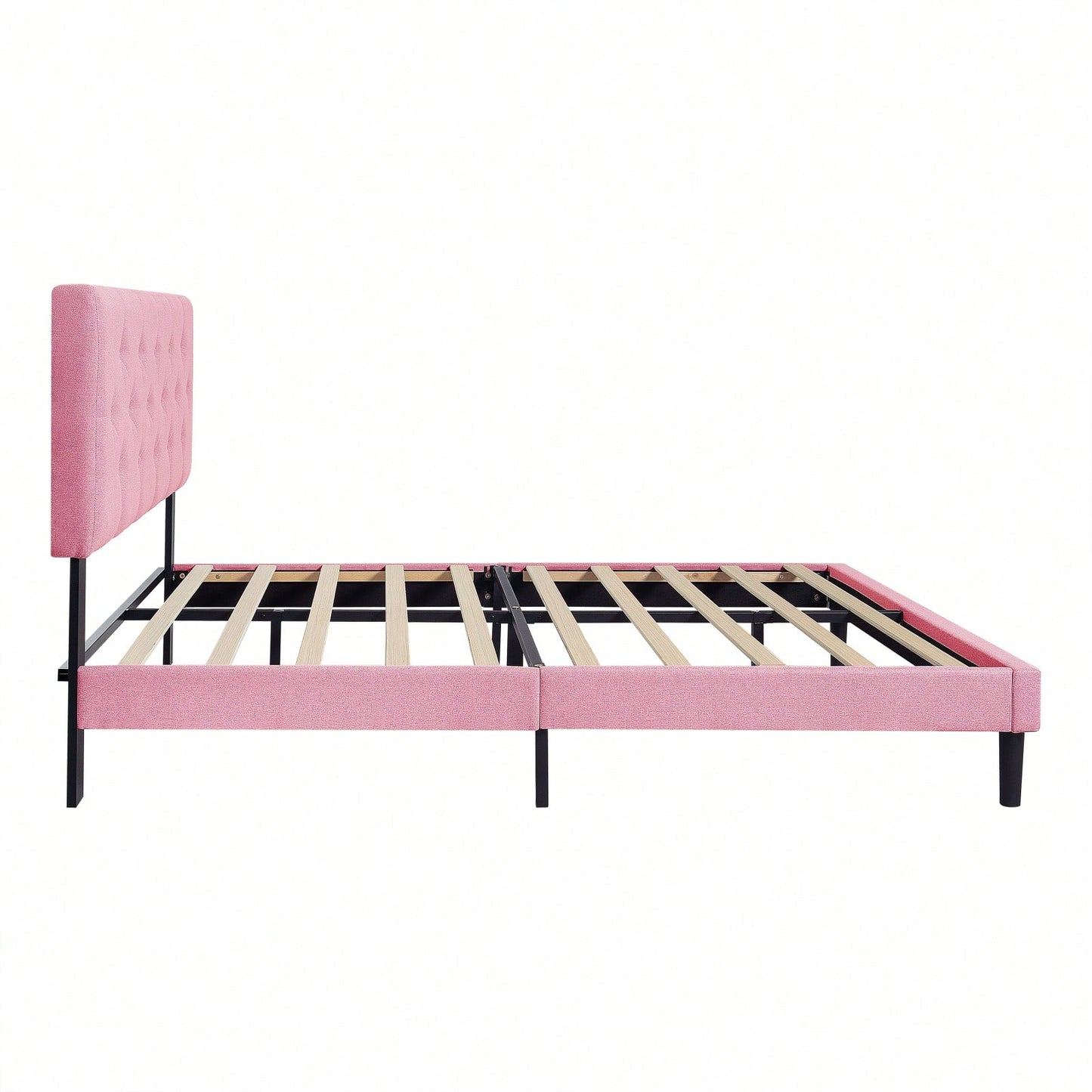 Modern Pink Upholstered Platform Bed Frame with Tufted Linen Headboard No Box Spring Required Easy Assembly