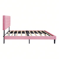 Modern Pink Upholstered Platform Bed Frame with Tufted Linen Headboard No Box Spring Required Easy Assembly