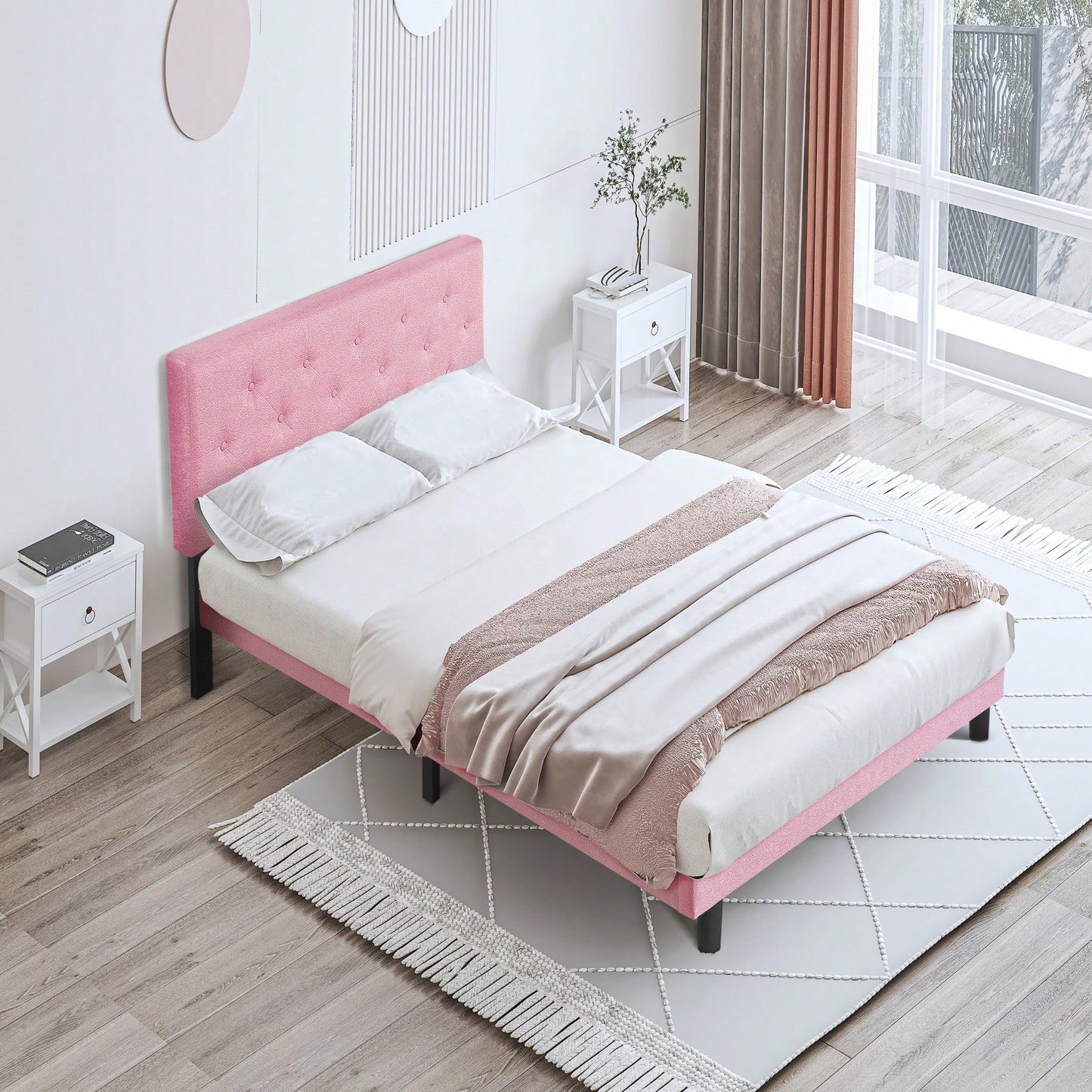 Modern Pink Upholstered Platform Bed Frame with Tufted Linen Headboard No Box Spring Required Easy Assembly