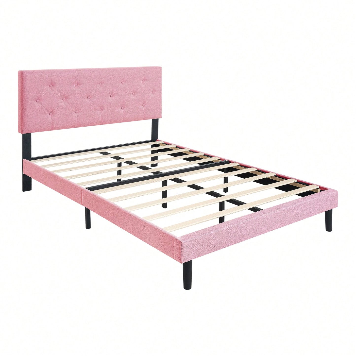 Modern Pink Upholstered Platform Bed Frame with Tufted Linen Headboard No Box Spring Required Easy Assembly