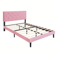 Modern Pink Upholstered Platform Bed Frame with Tufted Linen Headboard No Box Spring Required Easy Assembly