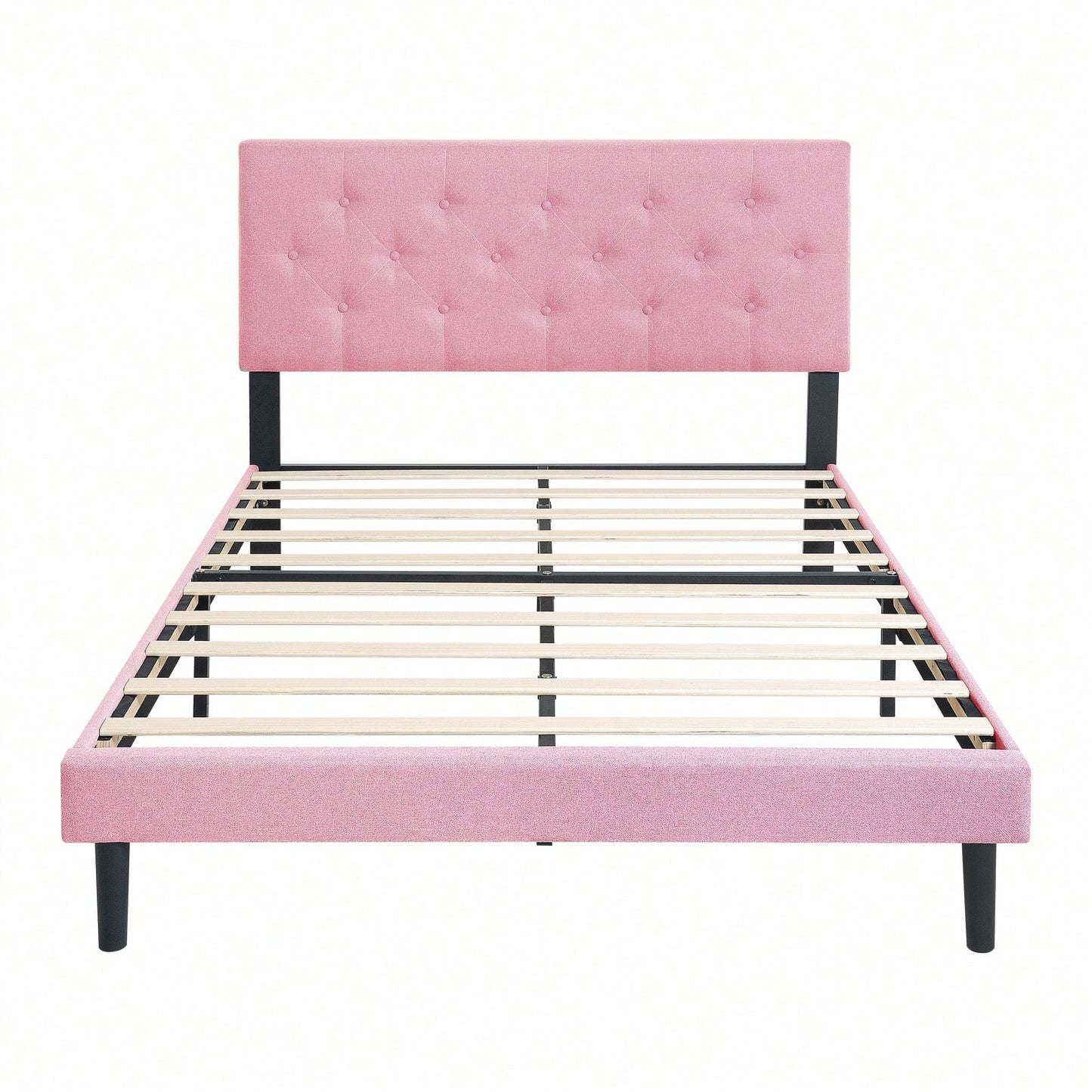 Modern Pink Upholstered Platform Bed Frame with Tufted Linen Headboard No Box Spring Required Easy Assembly