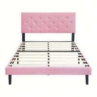 Modern Pink Upholstered Platform Bed Frame with Tufted Linen Headboard No Box Spring Required Easy Assembly