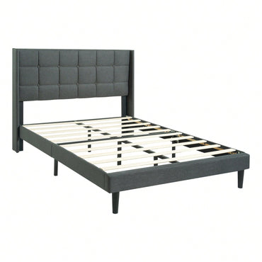 Upholstered Platform Bed Frame With Modern Button Tufted Linen Fabric Headboard, No Box Spring Needed, Wood Slat Support, Easy Assembly