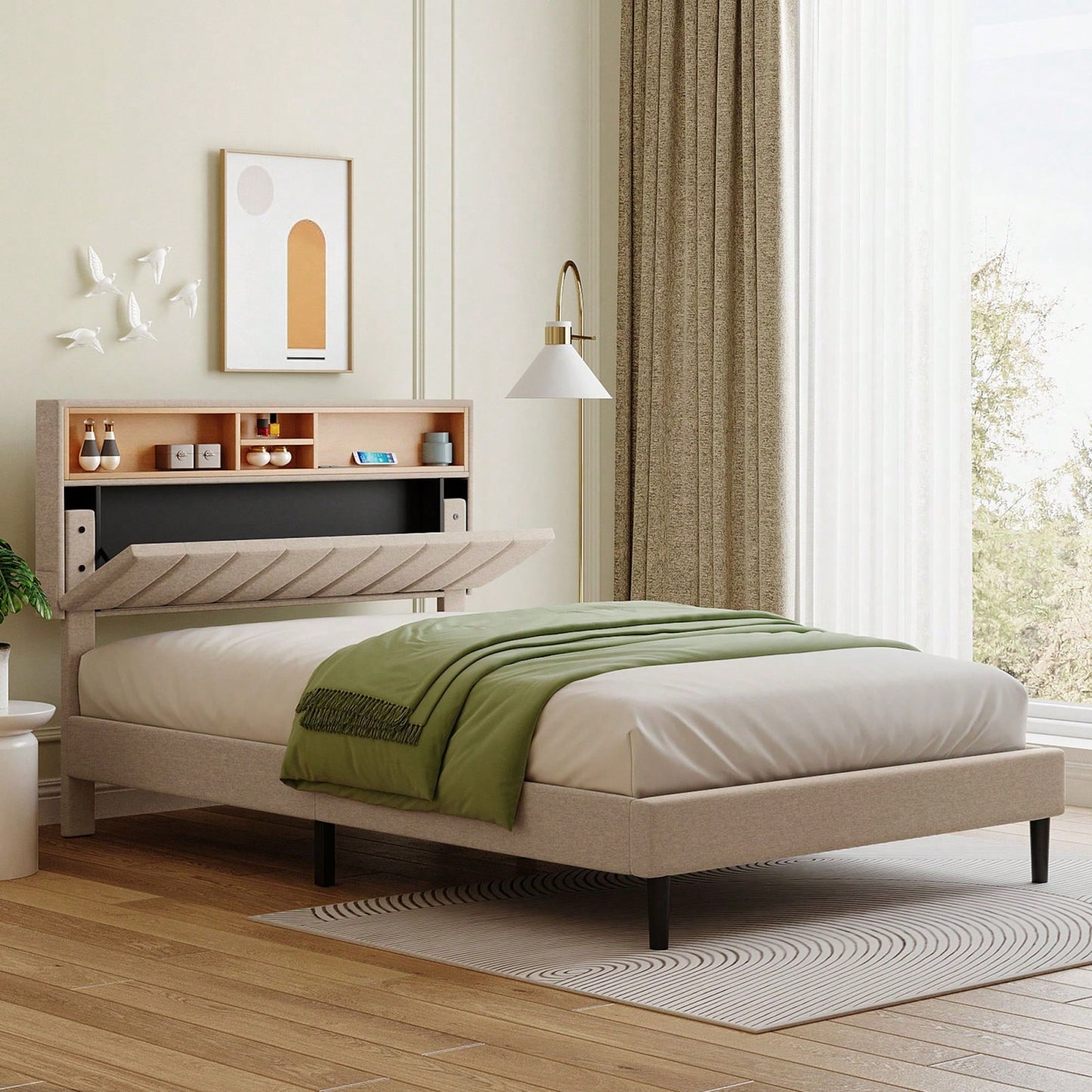 Upholstered Platform Bed With Storage Headboard And USB Port, Linen Fabric Upholstered Bed