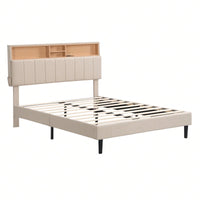 Upholstered Platform Bed With Storage Headboard And USB Port, Linen Fabric Upholstered Bed