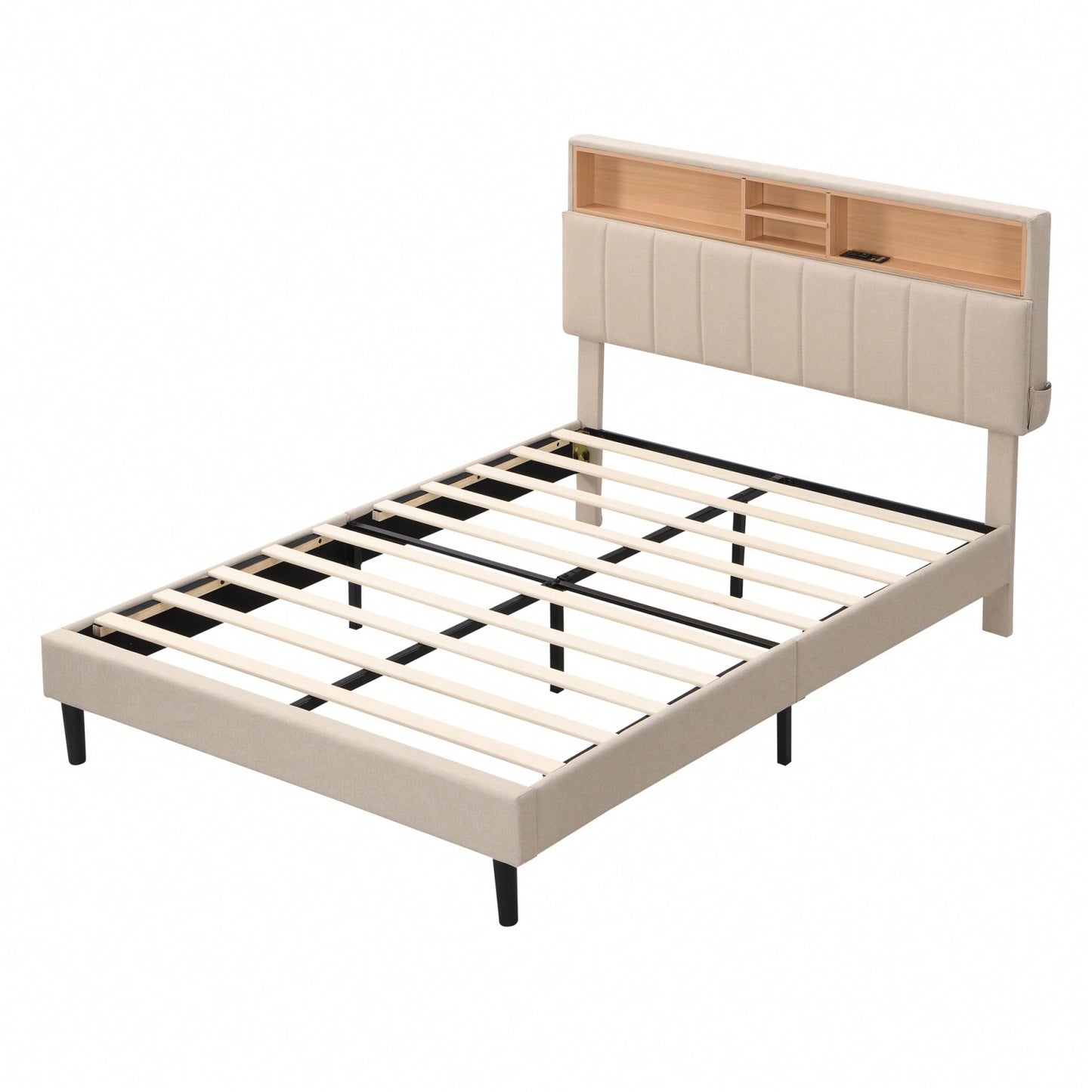 Upholstered Platform Bed With Storage Headboard And USB Port, Linen Fabric Upholstered Bed