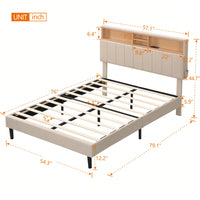 Upholstered Platform Bed With Storage Headboard And USB Port, Linen Fabric Upholstered Bed