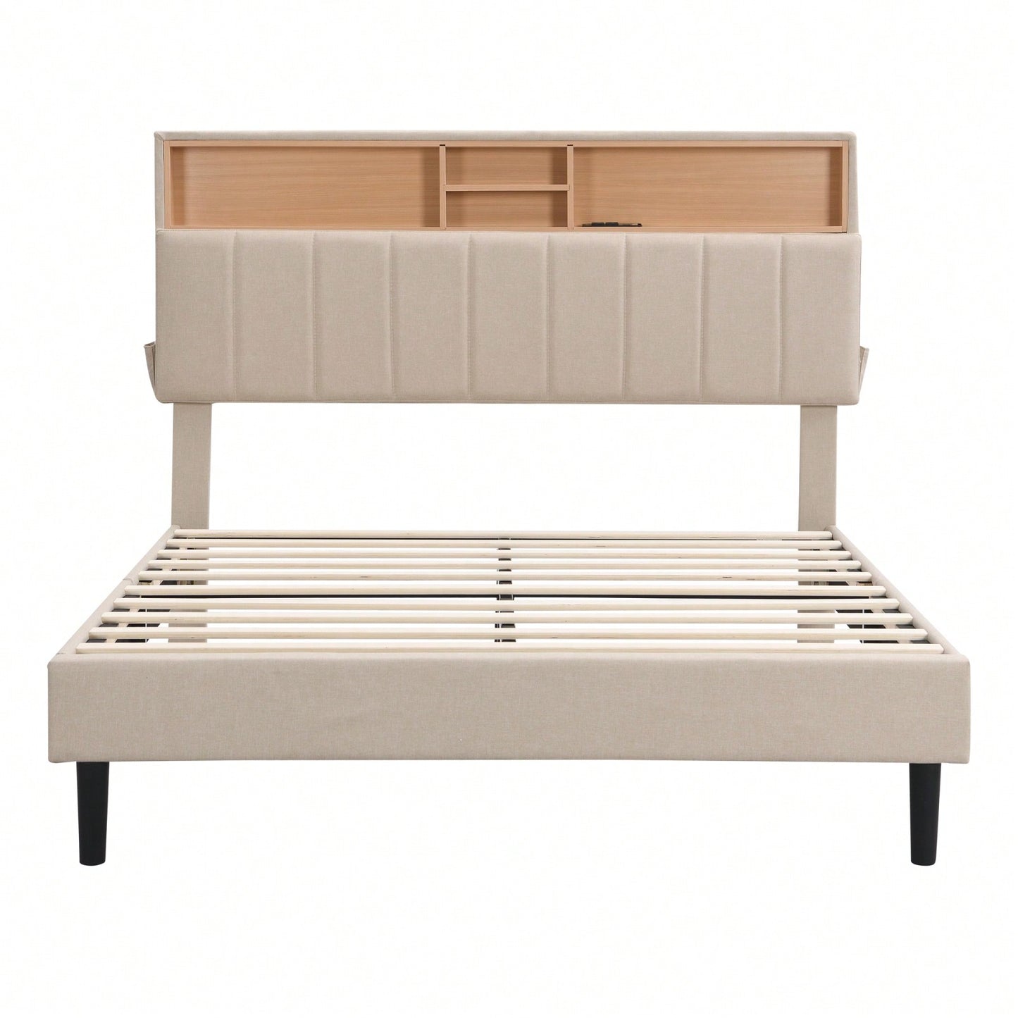 Upholstered Platform Bed With Storage Headboard And USB Port, Linen Fabric Upholstered Bed