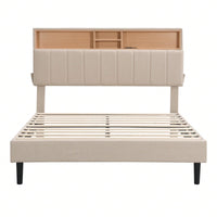 Upholstered Platform Bed With Storage Headboard And USB Port, Linen Fabric Upholstered Bed