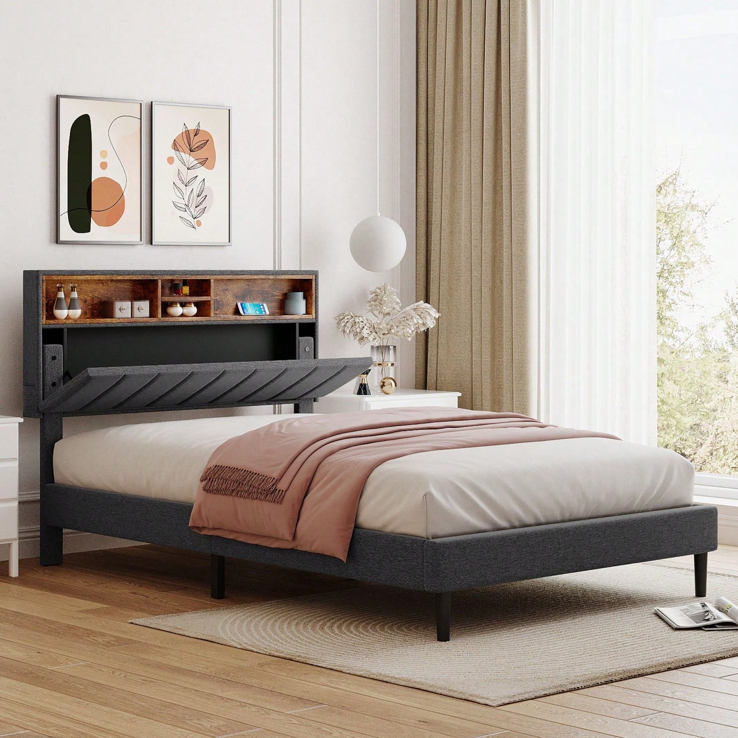 Upholstered Platform Bed With Storage Headboard And USB Port, Linen Fabric Upholstered Bed