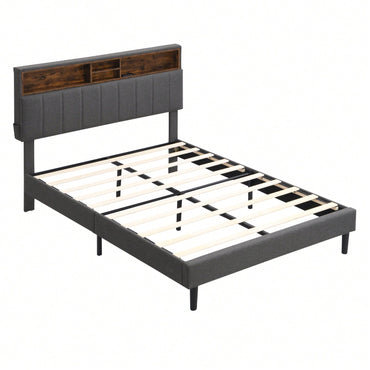 Upholstered Platform Bed With Storage Headboard And USB Port, Linen Fabric Upholstered Bed