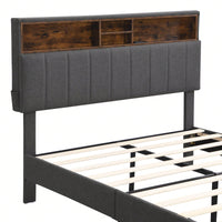 Upholstered Platform Bed With Storage Headboard And USB Port, Linen Fabric Upholstered Bed