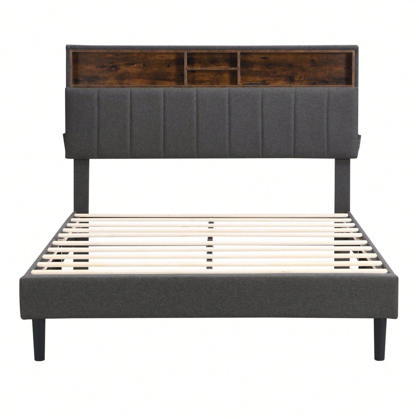 Upholstered Platform Bed With Storage Headboard And USB Port, Linen Fabric Upholstered Bed