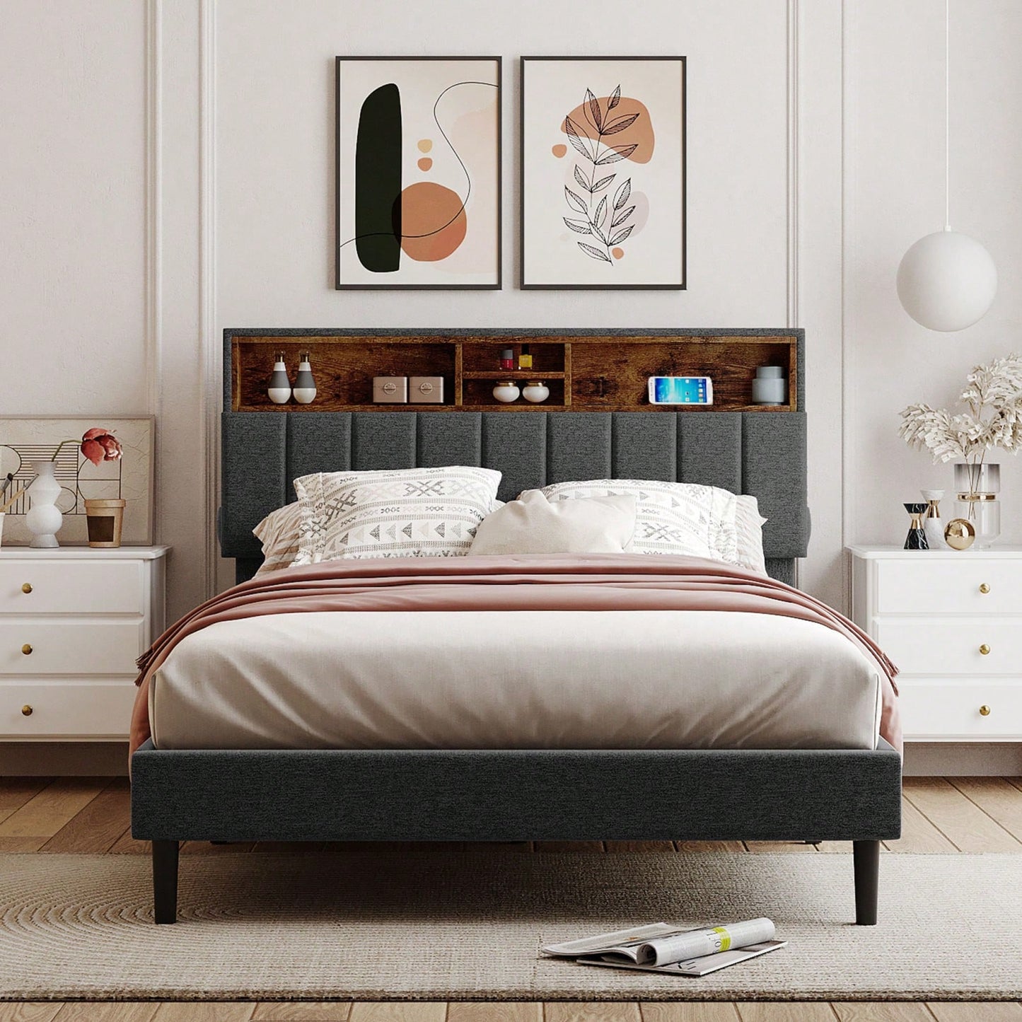 Upholstered Platform Bed With Storage Headboard And USB Port, Linen Fabric Upholstered Bed