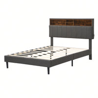 Upholstered Platform Bed With Storage Headboard And USB Port, Linen Fabric Upholstered Bed