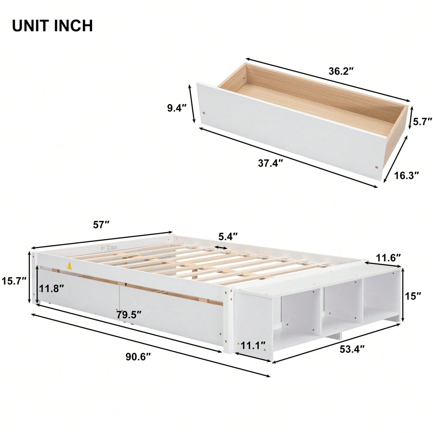 Full Size Bed With Storage Case, 2 Storage Drawers, Lengthwise Support Slat