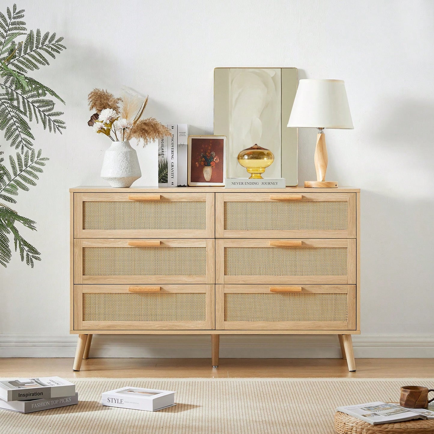 6 Double Dresser With Rattan Drawers, Wood Chest Of Drawers For Kids Room, Living Room, Entry And Hallway