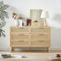 6 Double Dresser With Rattan Drawers, Wood Chest Of Drawers For Kids Room, Living Room, Entry And Hallway