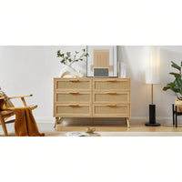 6 Double Dresser With Rattan Drawers, Wood Chest Of Drawers For Kids Room, Living Room, Entry And Hallway