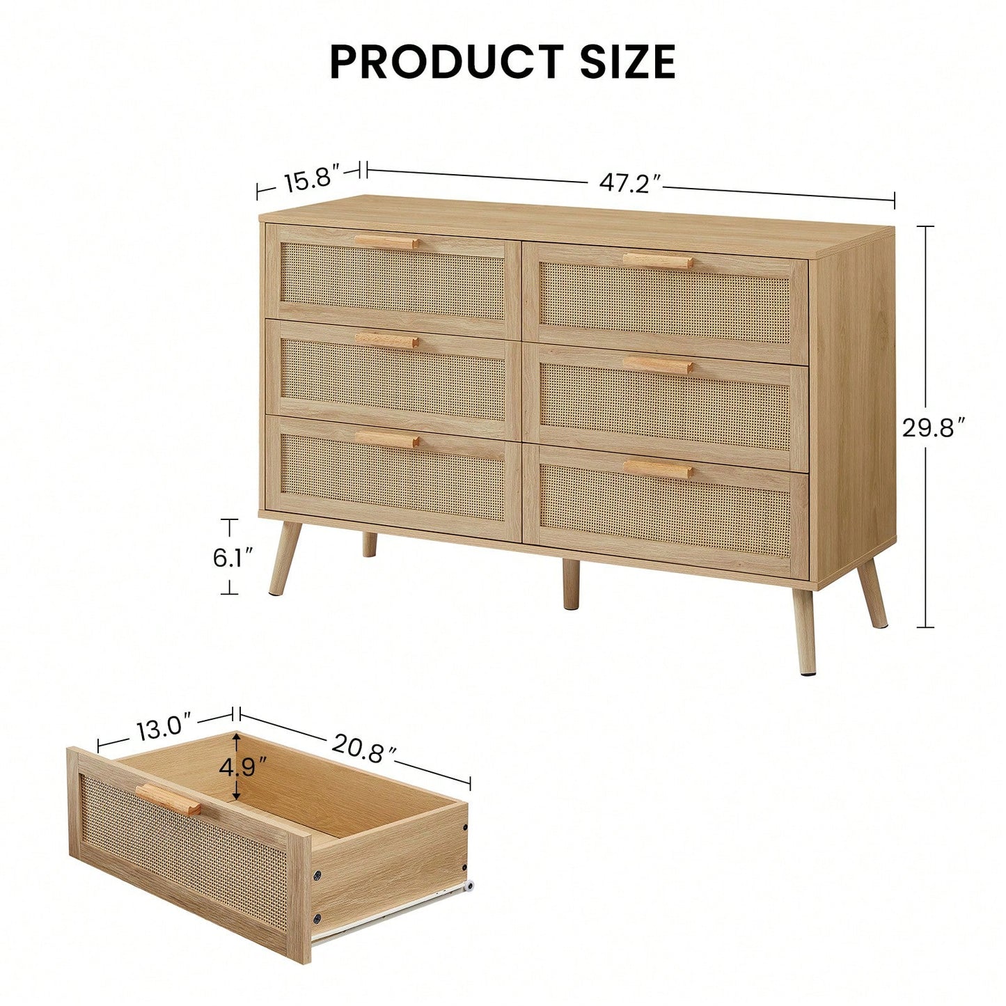 6 Double Dresser With Rattan Drawers, Wood Chest Of Drawers For Kids Room, Living Room, Entry And Hallway