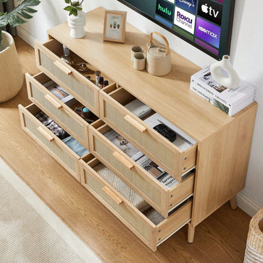 6 Double Dresser With Rattan Drawers, Wood Chest Of Drawers For Kids Room, Living Room, Entry And Hallway