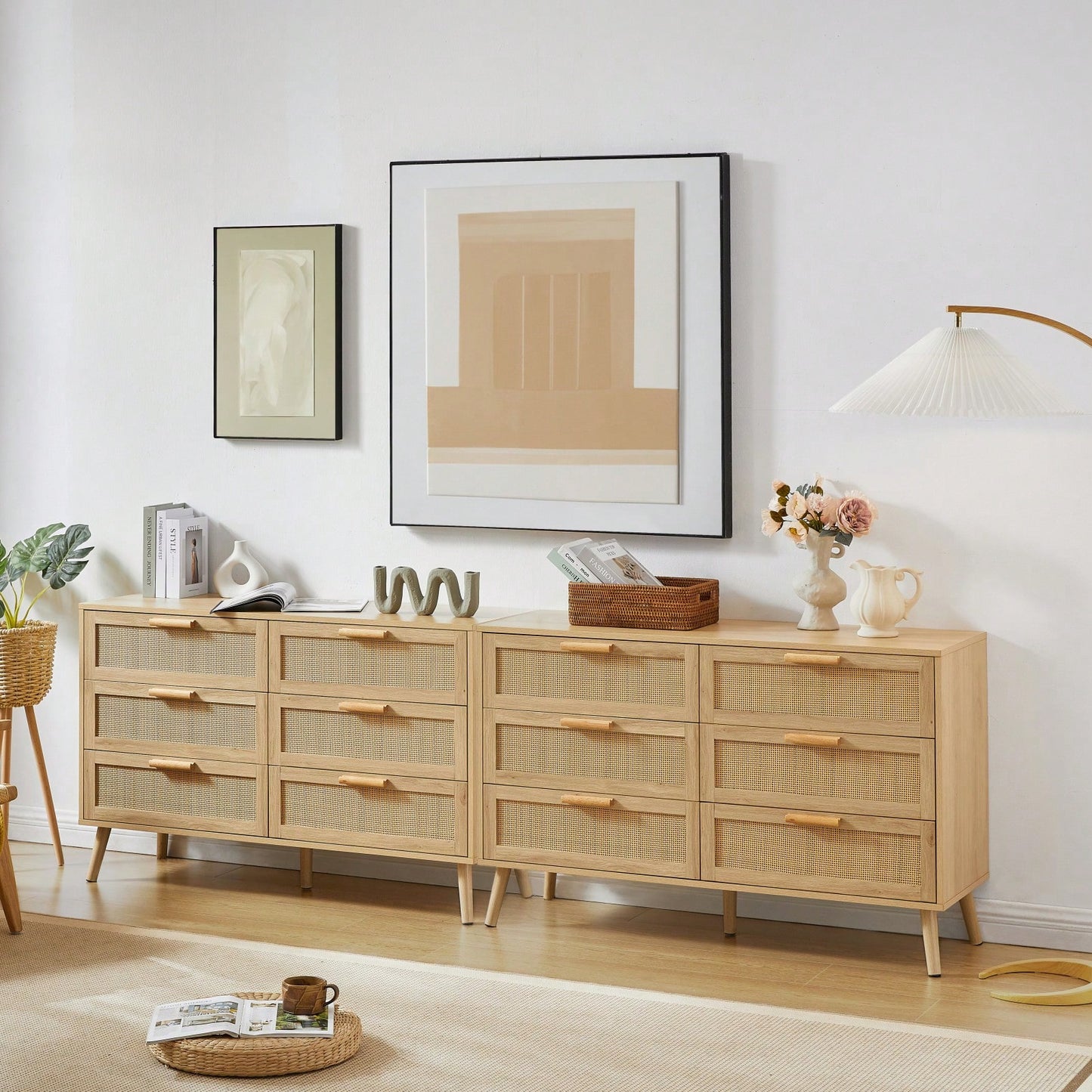6 Double Dresser With Rattan Drawers, Wood Chest Of Drawers For Kids Room, Living Room, Entry And Hallway