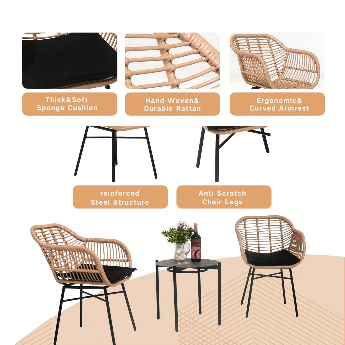 Luxury Outdoor Wicker Bistro Set Weather-Resistant Table and Chairs for Garden Terrace Backyard