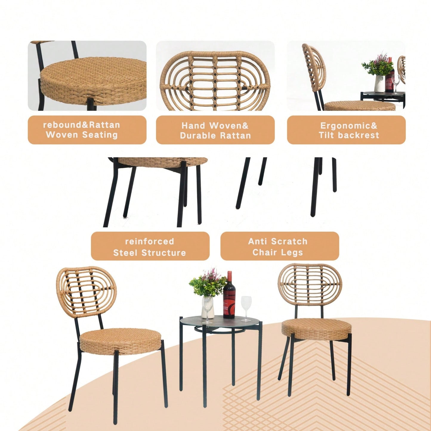 Luxury Outdoor Wicker Bistro Set 3 Pieces Weather-Resistant Patio Furniture Table and Chairs for Garden Terrace Backyard