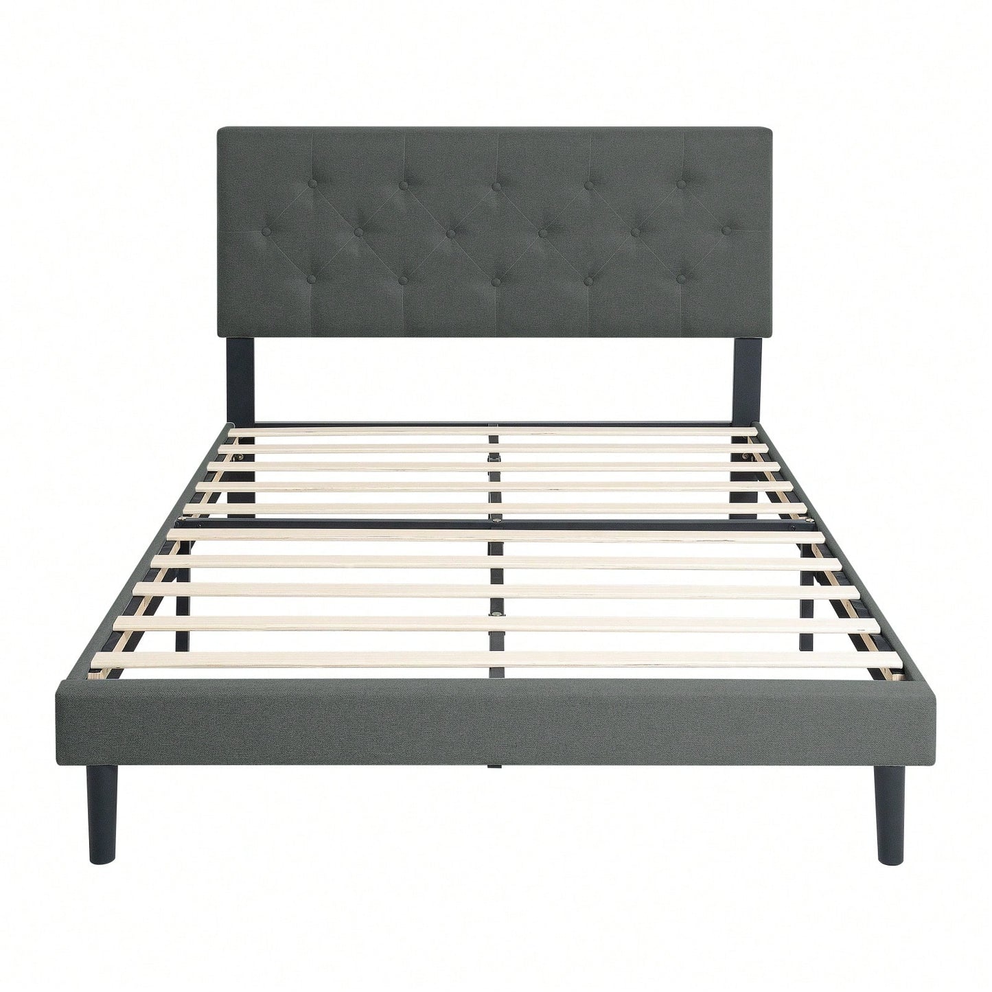 Upholstered Platform Bed Frame With Modern Button Tufted Linen Fabric Headboard, No Box Spring Needed, Wood Slat Support, Easy Assembly