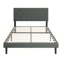 Upholstered Platform Bed Frame With Modern Button Tufted Linen Fabric Headboard, No Box Spring Needed, Wood Slat Support, Easy Assembly