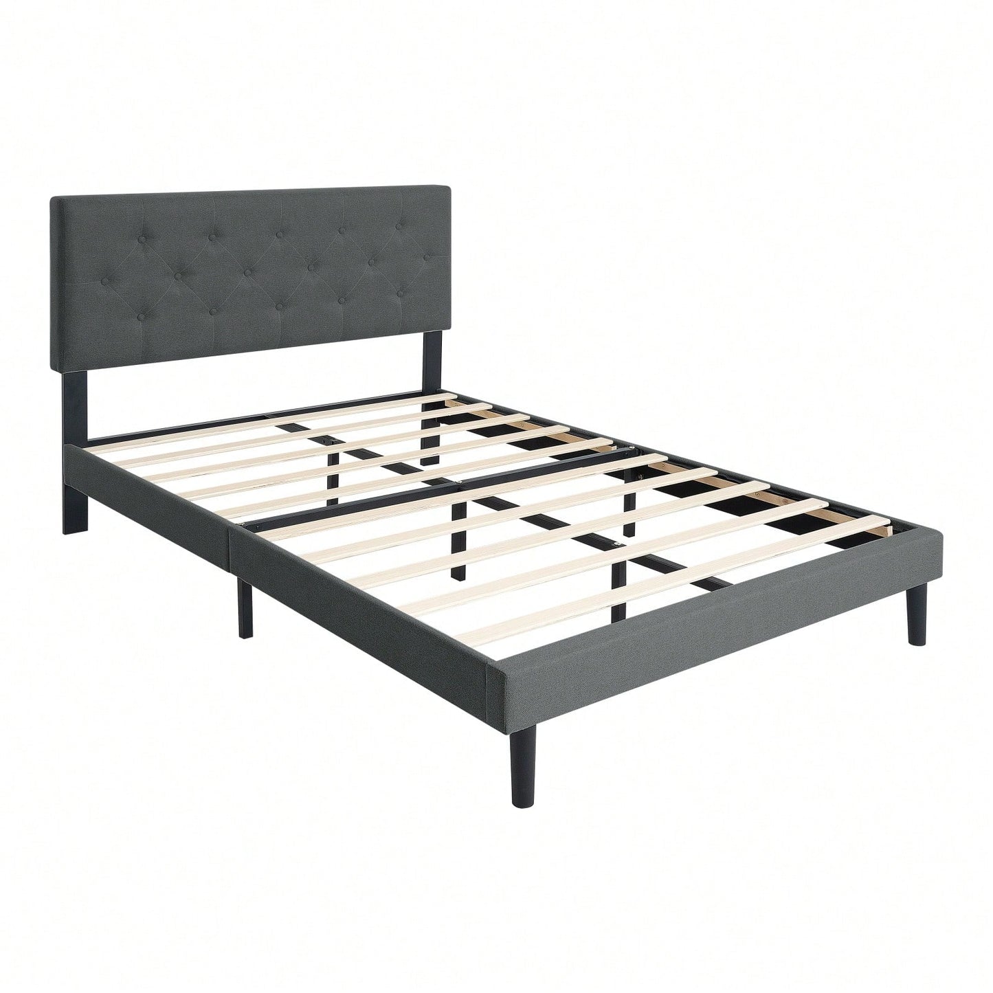 Upholstered Platform Bed Frame With Modern Button Tufted Linen Fabric Headboard, No Box Spring Needed, Wood Slat Support, Easy Assembly