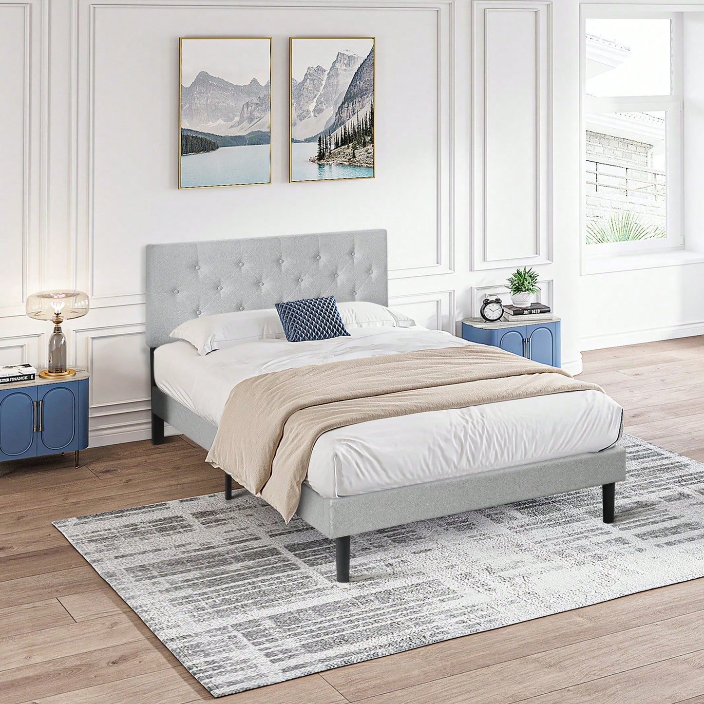 Upholstered Platform Bed Frame With Modern Button Tufted Linen Fabric Headboard, No Box Spring Needed, Wood Slat Support, Easy Assembly