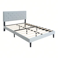 Upholstered Platform Bed Frame With Modern Button Tufted Linen Fabric Headboard, No Box Spring Needed, Wood Slat Support, Easy Assembly