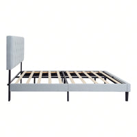 Upholstered Platform Bed Frame With Modern Button Tufted Linen Fabric Headboard, No Box Spring Needed, Wood Slat Support, Easy Assembly