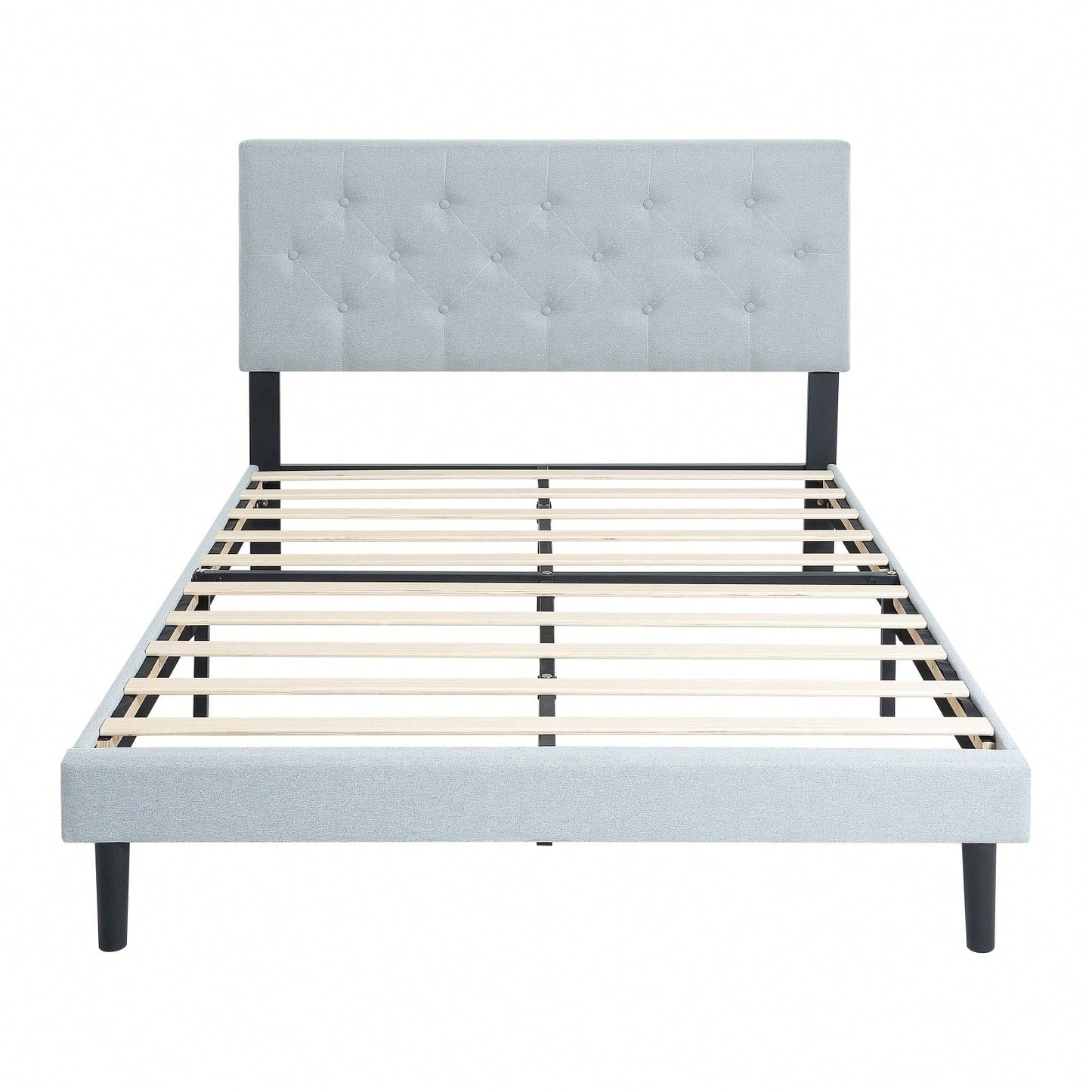 Upholstered Platform Bed Frame With Modern Button Tufted Linen Fabric Headboard, No Box Spring Needed, Wood Slat Support, Easy Assembly