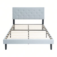 Upholstered Platform Bed Frame With Modern Button Tufted Linen Fabric Headboard, No Box Spring Needed, Wood Slat Support, Easy Assembly