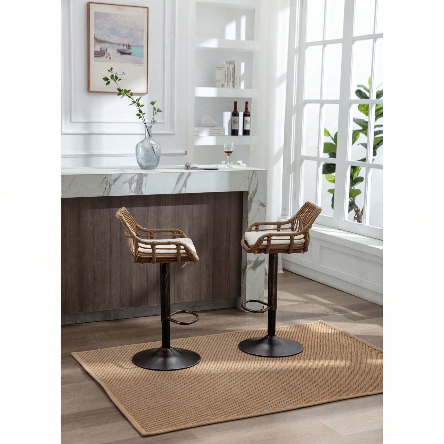 2-Pack Adjustable Counter Height Swivel Bar Stools With Footrest For Kitchen, Dining Room